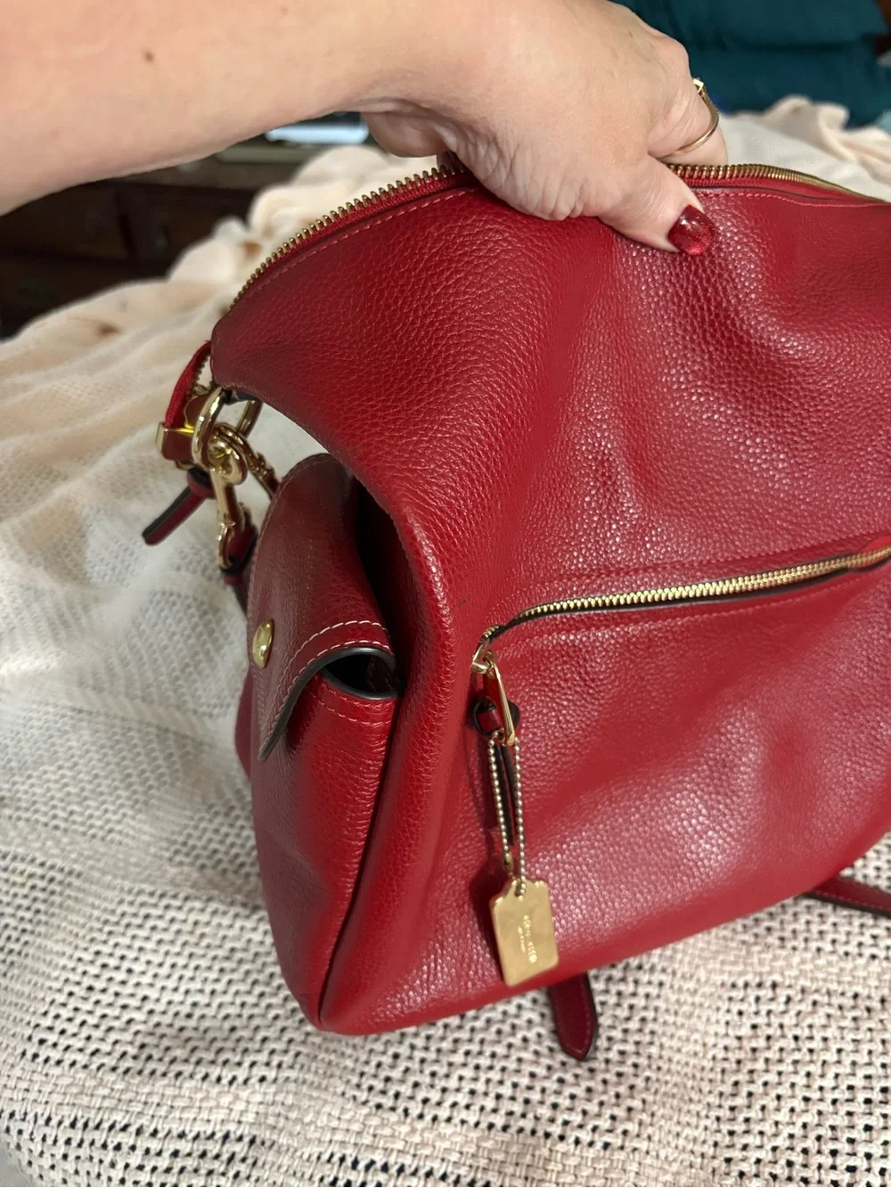Coach Red Pebbled Leather Shoulder Hobo with Gold Hardware